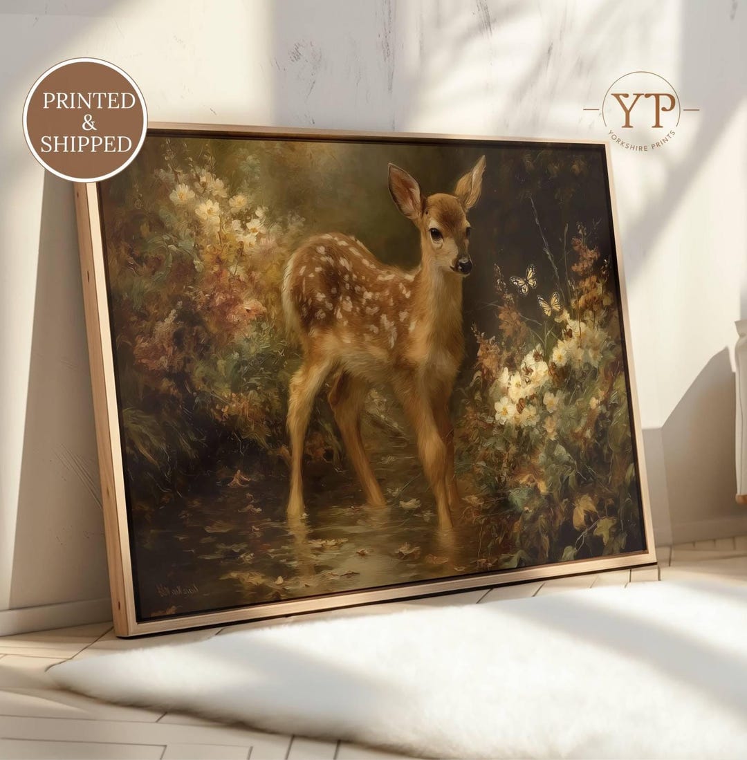 Woodland Baby Deer Wall Art Print, Vintage Fawn Forest Painting ...