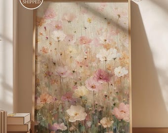 Pintura al óleo vintage de flores silvestres, arte mural floral en tonos pastel, lámina decorativa de flores de pradera con técnica impasto.
