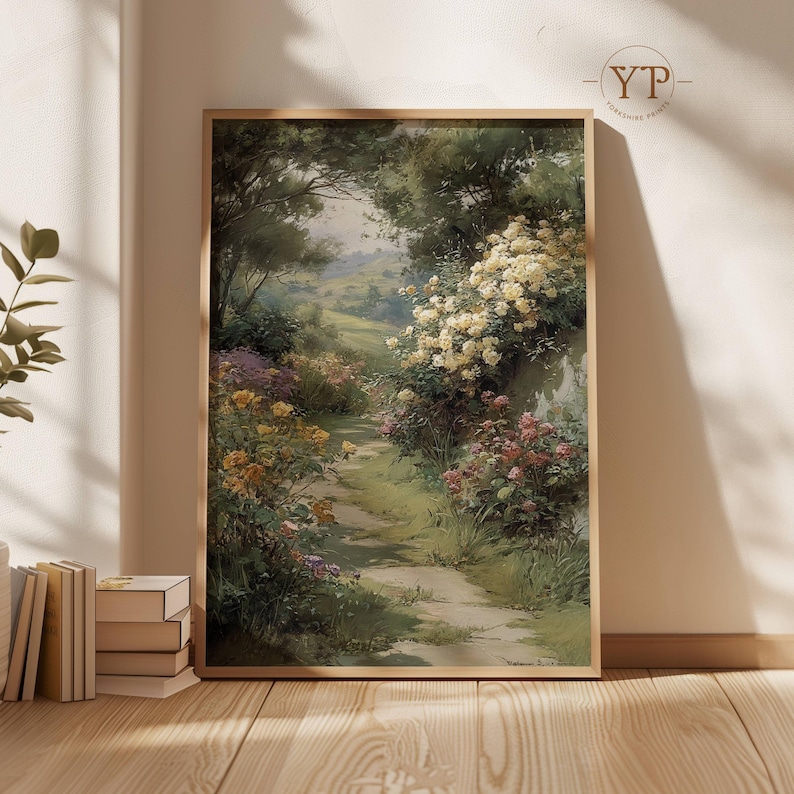 Vintage Garden Path Wall Art, Romantic Floral Landscape, Printed ...