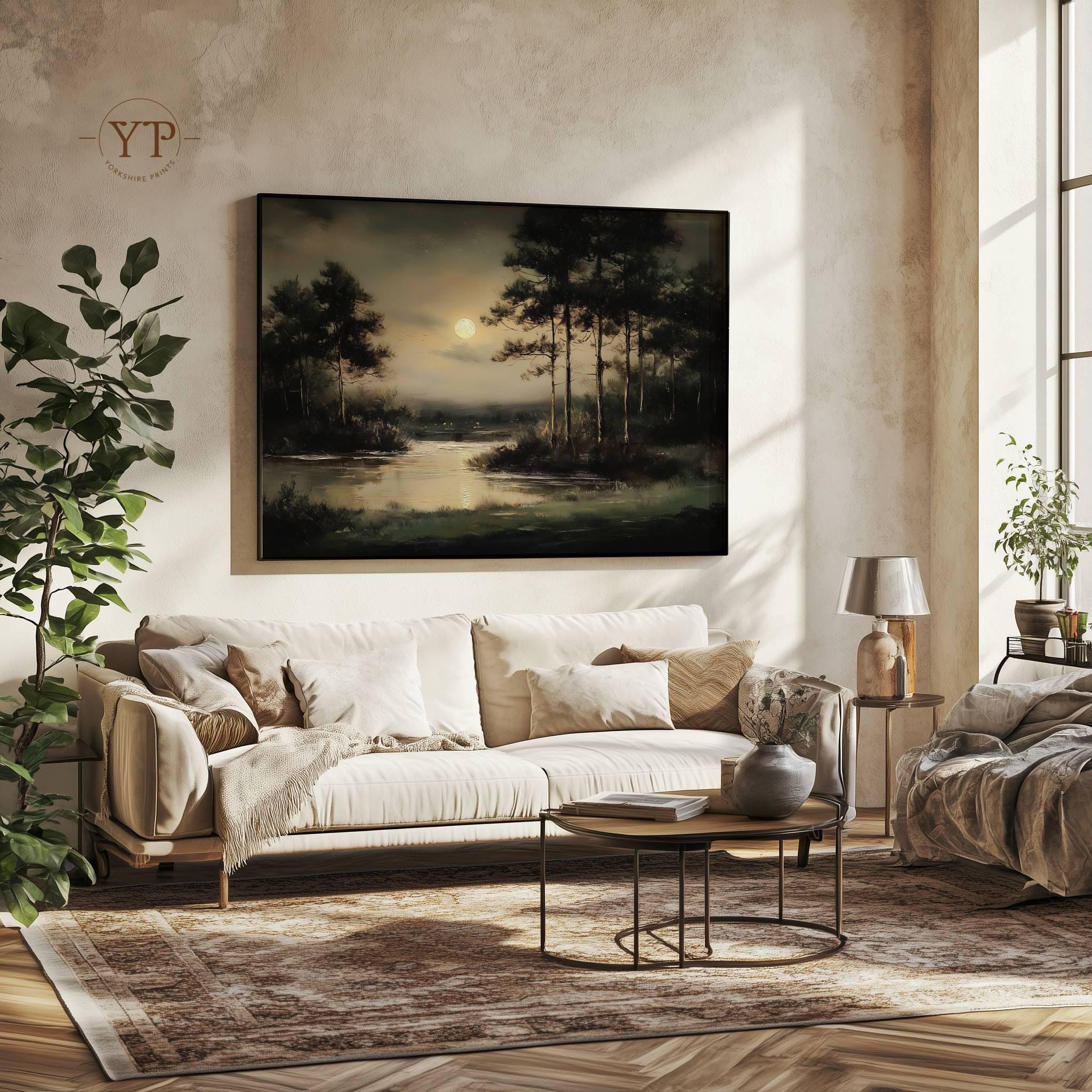 Moody Moon Landscape Wall Art, Night River Painting, Dark Nature Canvas ...