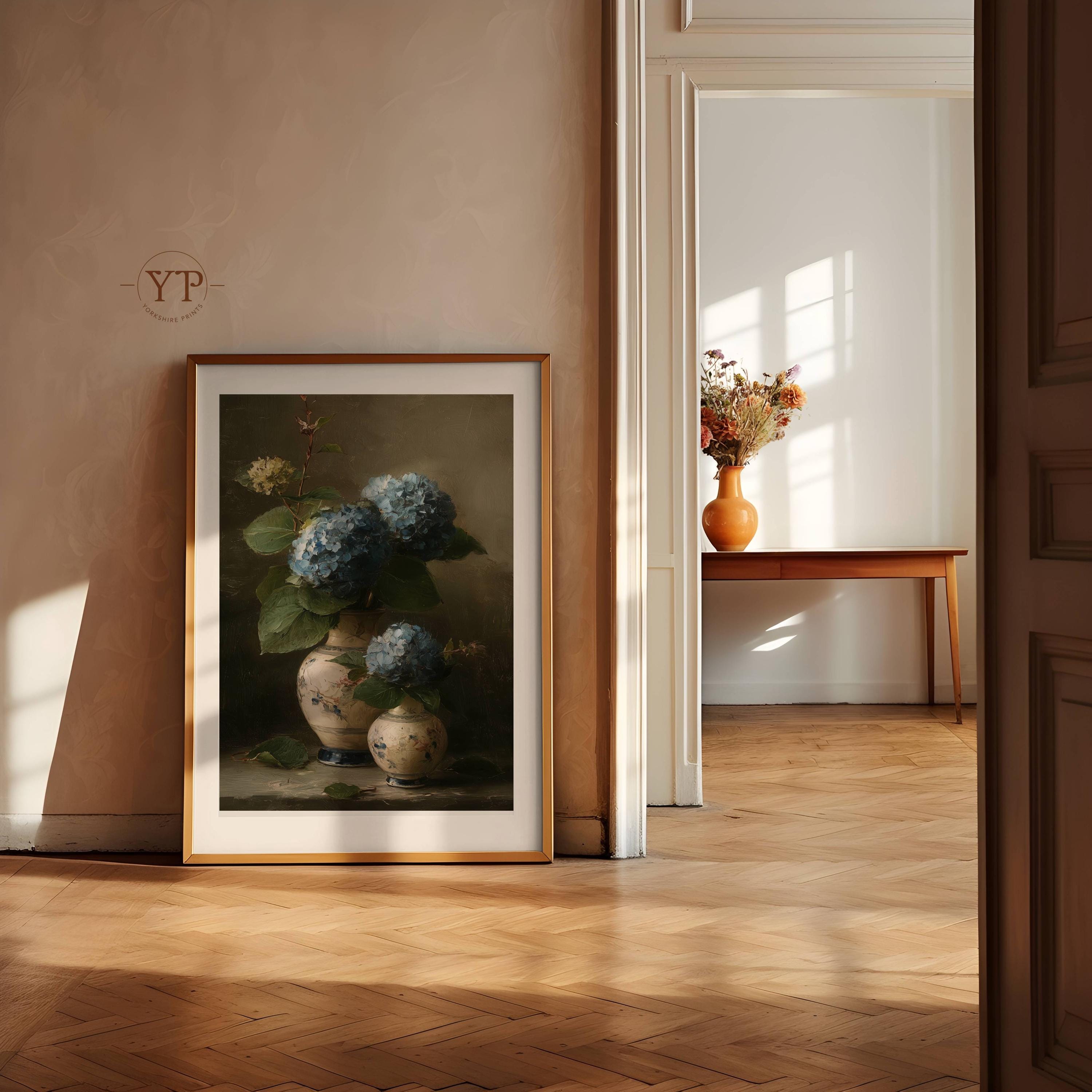 Blue Hydrangea Wall Art Print, Vintage Floral Still Life Painting ...