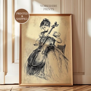 Vintage Cello Player Art Print – Antique Fine Art Poster, Music Room Wall Art, Classical Woman Playing Cello, Elegant Music Illustration