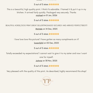 May include: A cream-colored graphic with the text "100+ HAPPY CUSTOMERS" and customer reviews. The reviews include star ratings and comments about the product's quality and packaging. The shop's logo is at the bottom.