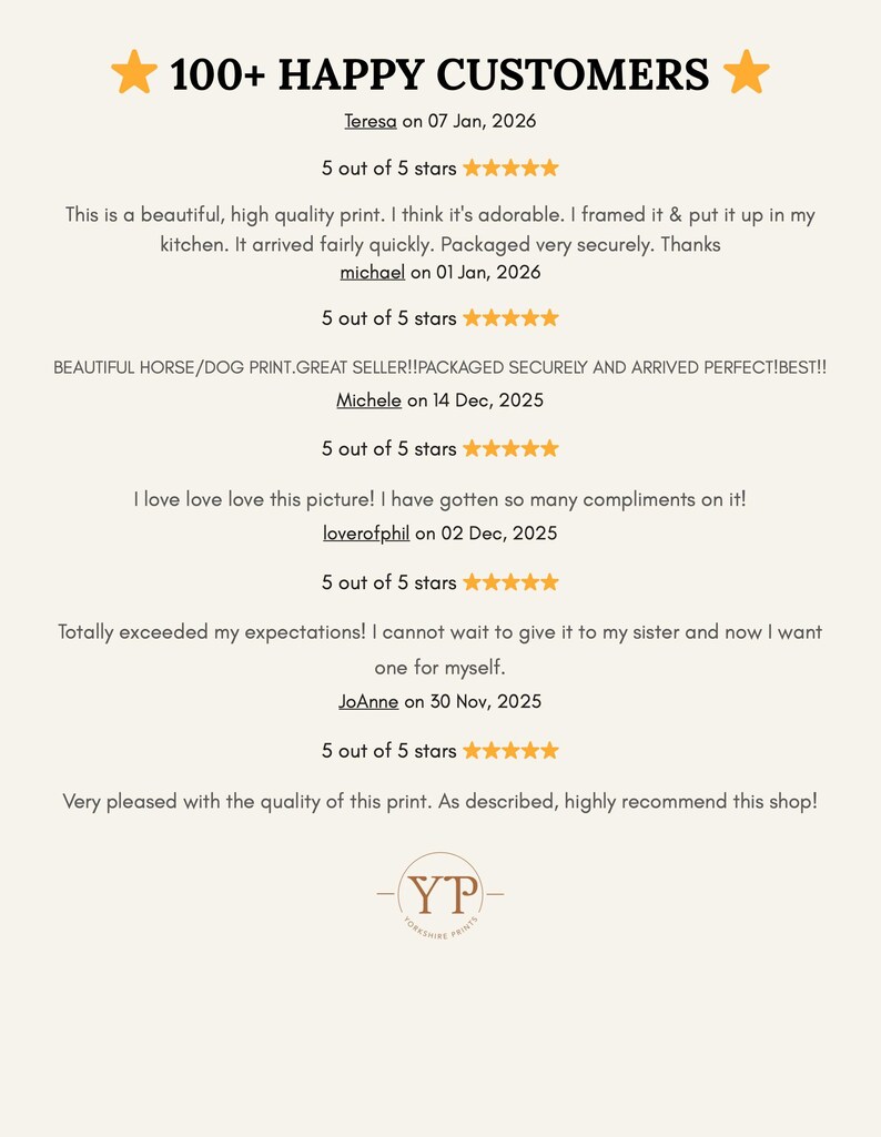 May include: A cream-colored graphic with the text "100+ HAPPY CUSTOMERS" and customer reviews. The reviews include star ratings and comments about the product's quality and packaging. The shop's logo is at the bottom.