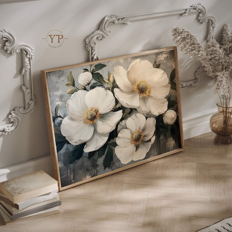 White Floral Wall Art Print, Vintage Botanical Artwork Printed ...