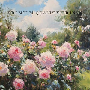 Puede incluir: Pintura al &oacute;leo de un jard&iacute;n lleno de rosas rosas florecientes bajo un cielo azul con nubes blancas. El texto "PREMIUM QUALITY PRINTS" est&aacute; impreso en la parte superior.