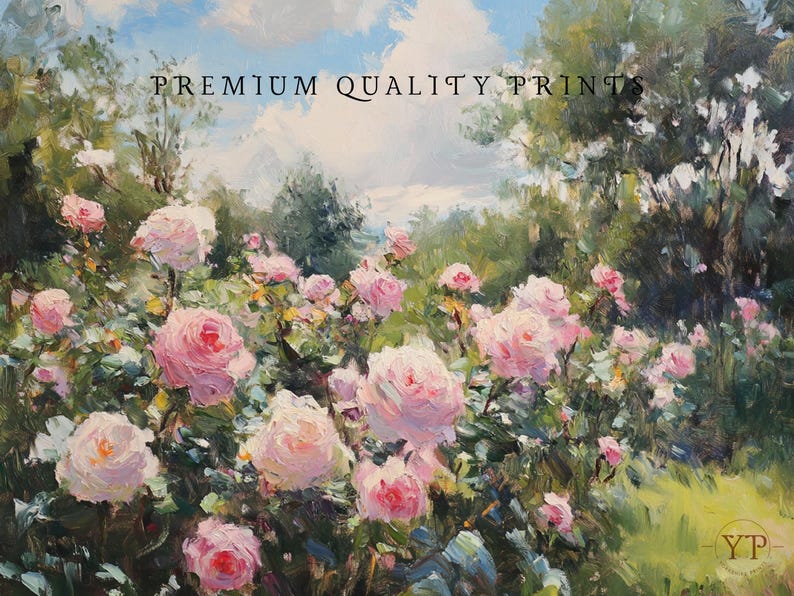 Puede incluir: Pintura al &oacute;leo de un jard&iacute;n lleno de rosas rosas florecientes bajo un cielo azul con nubes blancas. El texto "PREMIUM QUALITY PRINTS" est&aacute; impreso en la parte superior.