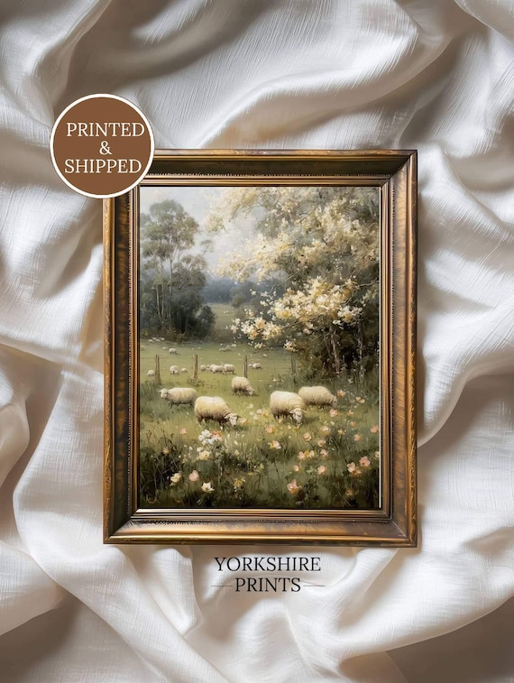Sheep Meadow Wall Art, Vintage Pastoral Spring Landscape, Springfield Sheep Print