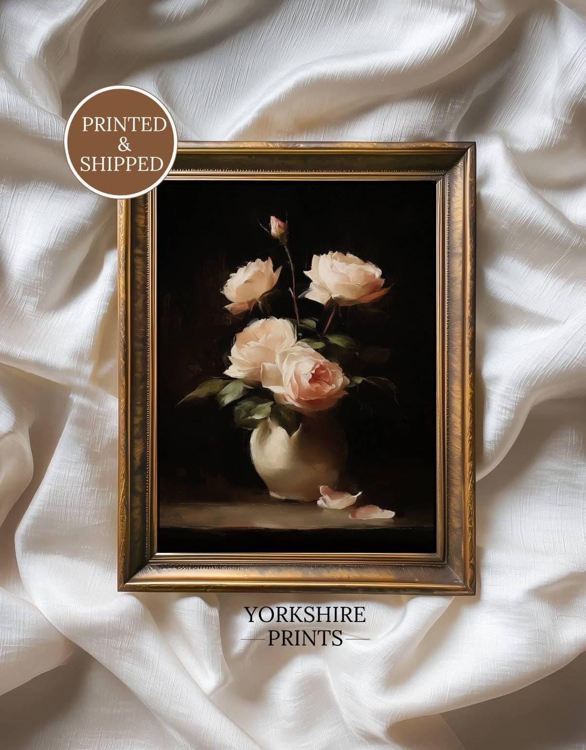 Vintage Rose Wall Art Print, Moody Floral Painting, Cottagecore Shabby ...