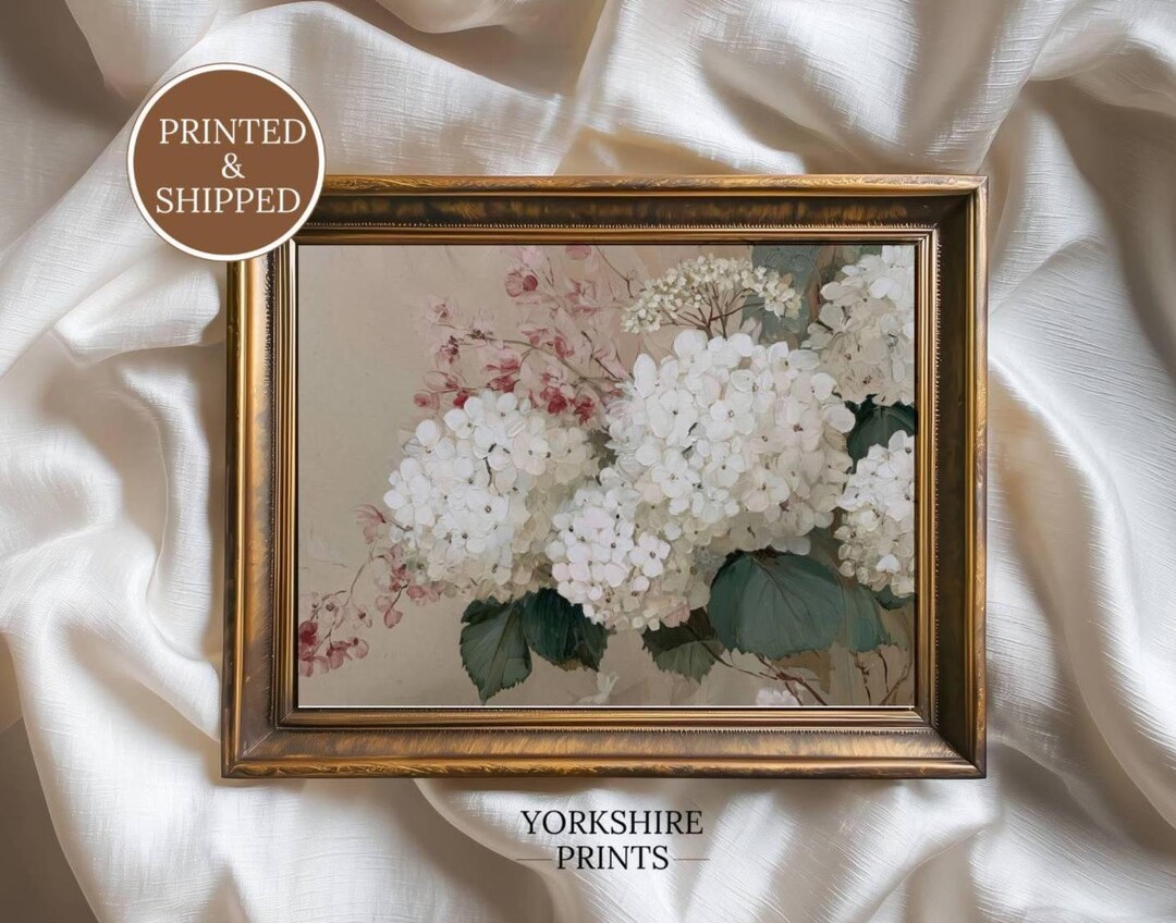 White Hydrangea Wall Art, Neutral Floral Painting, Beige Botanical ...