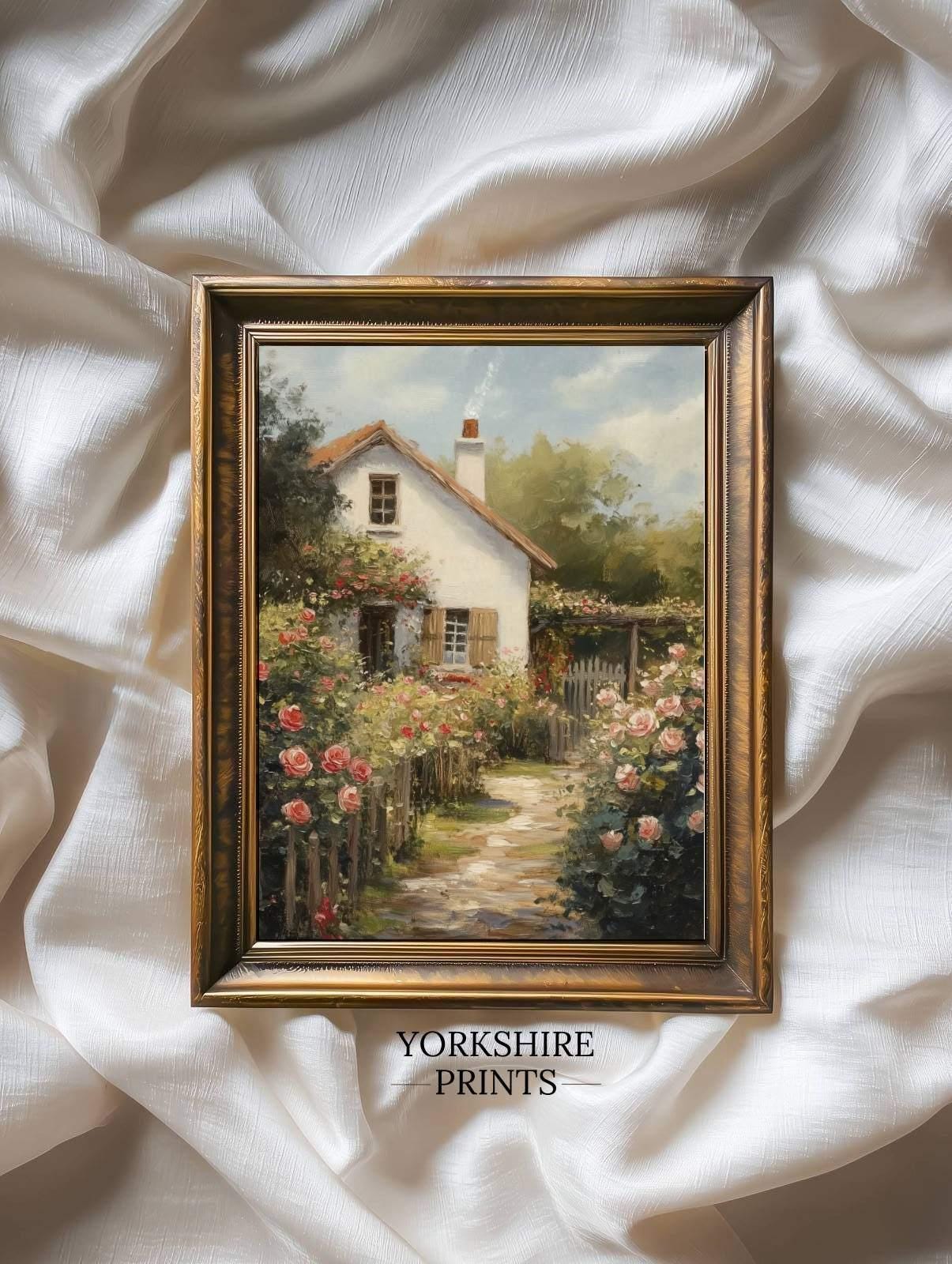 Cottage Garden Wall Art Print, Rose Cottage Landscape Painting, Spring ...
