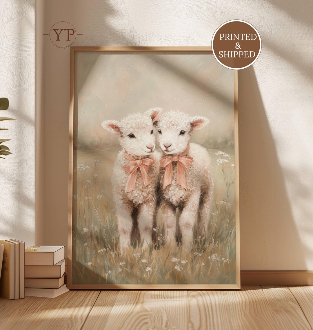 Spring Lamb Wall Art, Twin Baby Sheep With Pink Bows, Vintage Easter ...