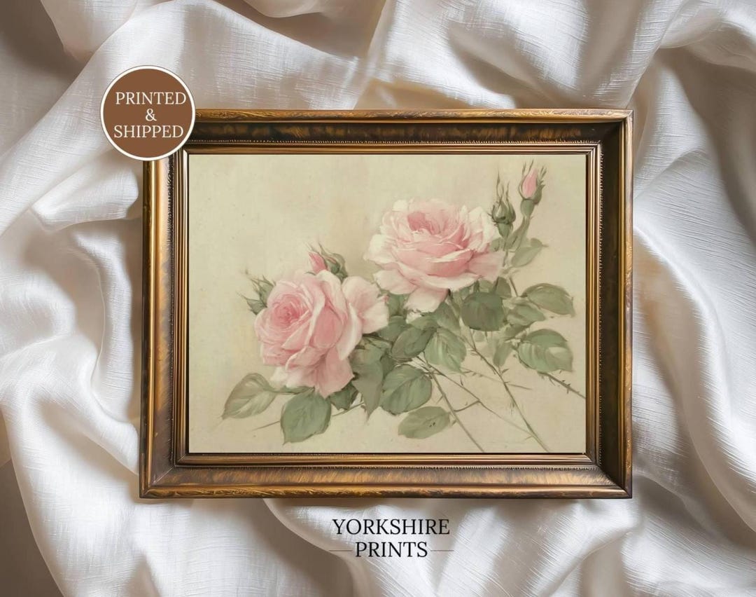 Vintage Pink Roses Wall Art Print, Floral Botanical Painting, Shabby ...