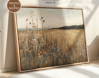 Weidelandschap kunst aan de muur, schilderij met wilde bloemen, landschapsdecor boerderij