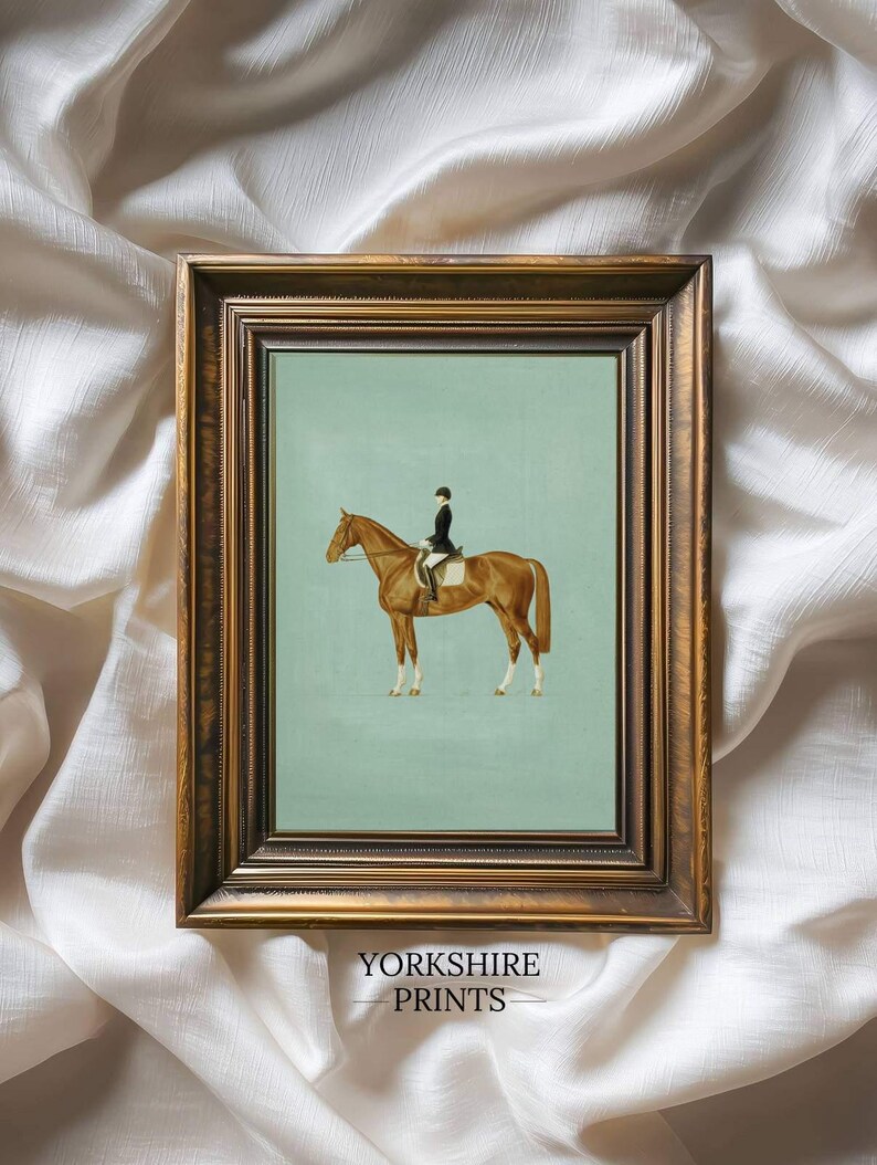 May include: A framed equestrian print featuring a rider on a brown horse against a light blue background. The print is in a gold-toned frame and includes the text "YORKSHIRE PRINTS" at the bottom.