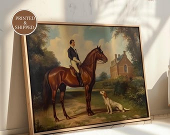 Vintage Equestrian Oil Painting Print: Horse Rider and Dog Wall Decor, Fine Art Poster