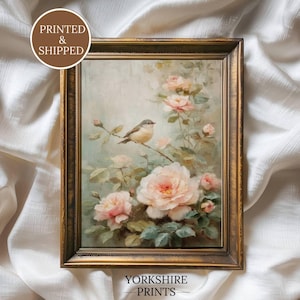 Spring Bird Wall Art, Blush Rose Floral Painting, Vintage Cottage Decor, Soft Garden Print