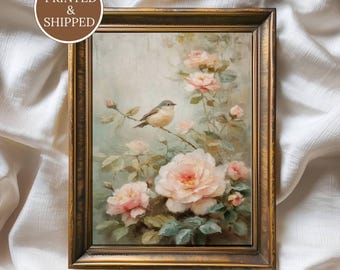 Muurkunst lentevogel, bloemenschilderij roze roos, vintage cottagedecor, zachte tuinprint