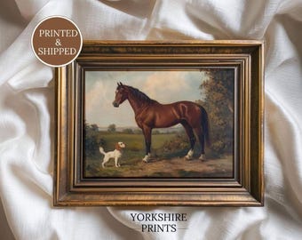 Horse and Dog Wall Art, Vintage Animal Painting, Equestrian Farm Decor, Printed & Shipped