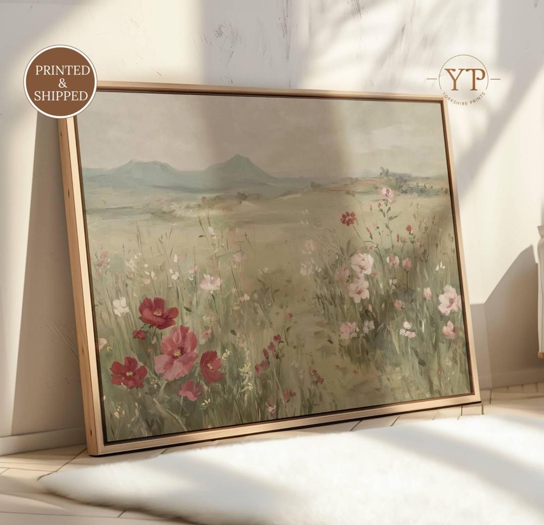 Wildflower Meadow Landscape Wall Art, Vintage Floral Field Painting ...