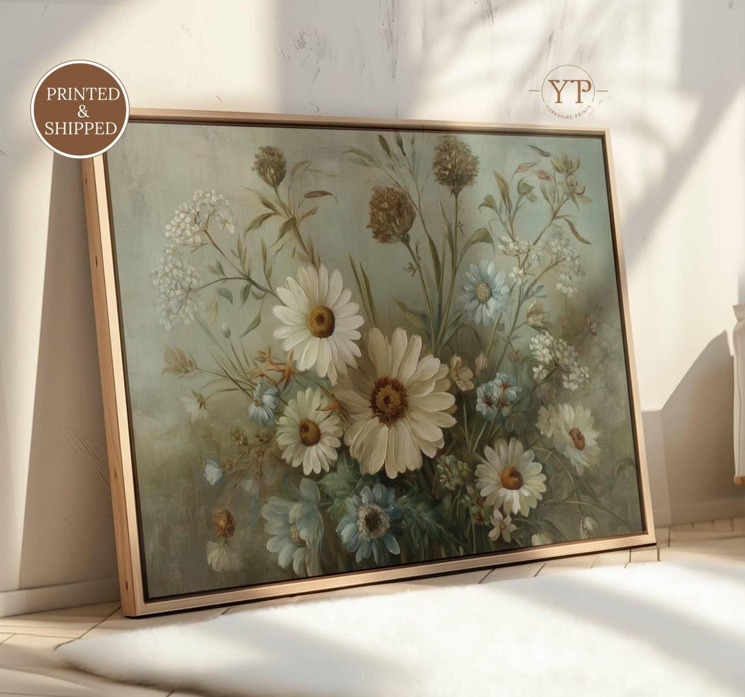 Vintage Floral Wall Art, Daisy Flower Painting, Cottagecore Decor ...