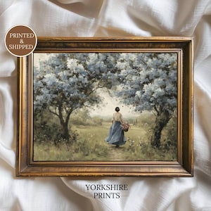Blue Blossom-landschapsschilderij, Cottagecore-muurkunst, vintage landschapsdecor