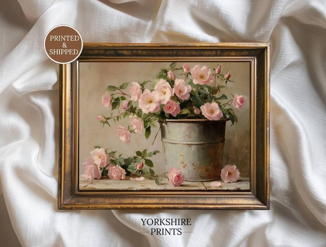 Vintage Pink Rose Art Print, Shabby Chic Farmhouse Floral Poster ...