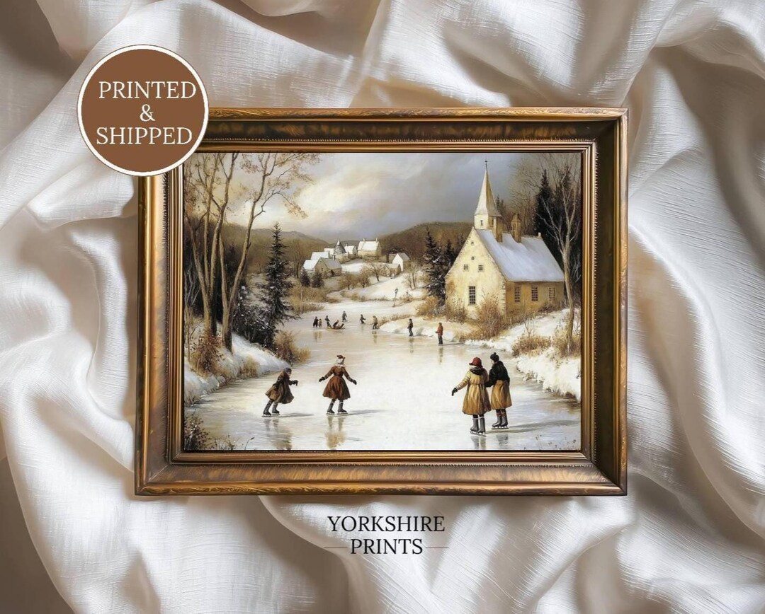 Vintage Winter Ice Skating Scene Fine Art Poster, Christmas Village Oil ...