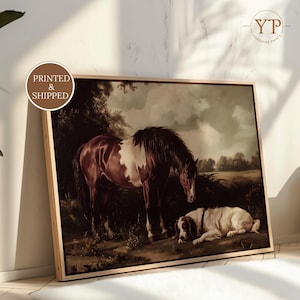 Horse and Dog Premium Fine Art Poster, Rustic Farmhouse Wall Art, Equestrian Country Landscape Art