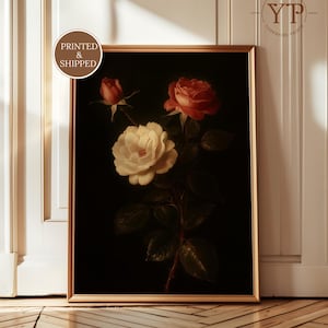 Vintage Rose Botanical Print | Dark Floral Wall Art | Antique Flower Painting | Moody Rose Premium Fine Art Poster, Romantic Victorian Decor