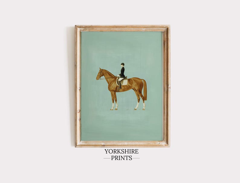 May include: A framed equestrian print featuring a brown horse with a rider in a black coat and helmet, set against a light teal background. The artwork is in a wooden frame, with the text "YORKSHIRE PRINTS" at the bottom.
