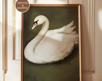 Impressão artística elegante de cisne: decoração de parede vintage com pássaros, pôster de arte refinada, impresso e enviado.