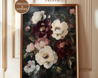 Dark Floral Peony Bouquet Print: Vintage Botanical Still Life Fine Art Poster