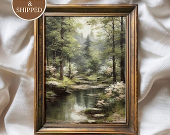 Kunst aan de muur: Forest Stream, landschapsschilderij Woodland Creek, print Cottagecore Forest
