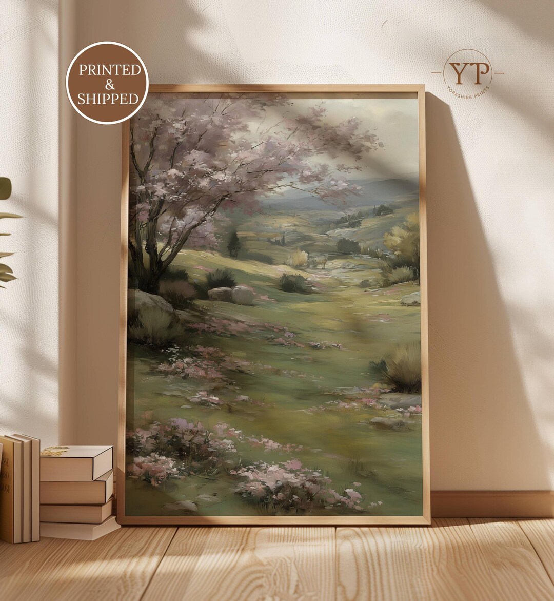 Spring Meadow Landscape Wall Art Print, Pink Blossom Tree Pastel ...
