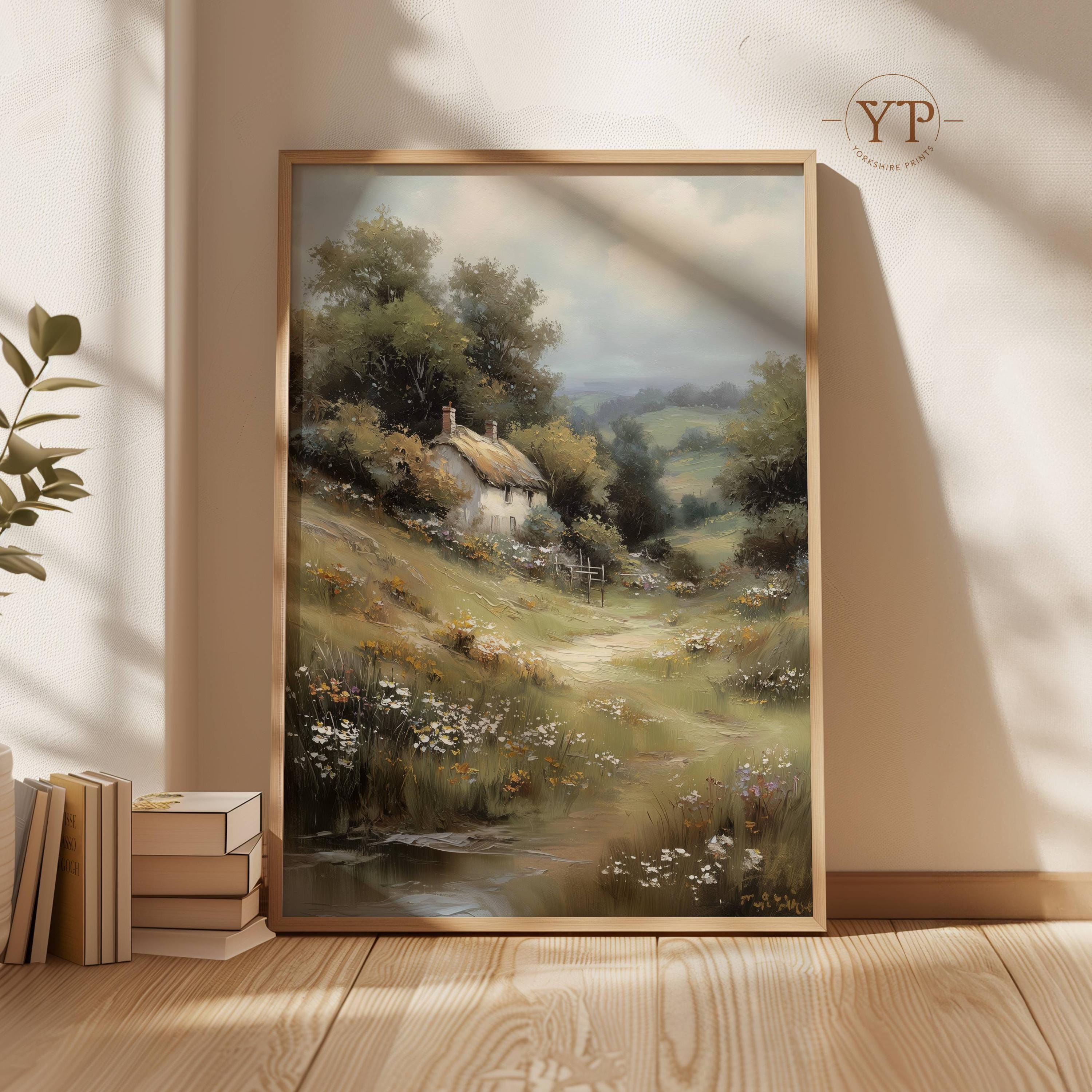 English Cottage Landscape Wall Art, Vintage Countryside Meadow Painting ...