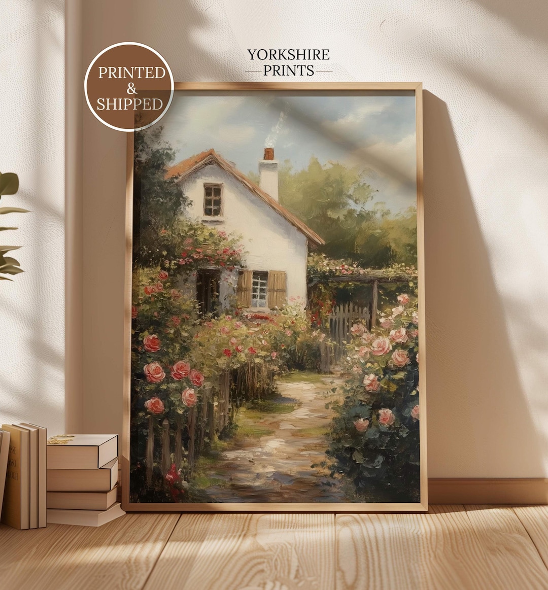Cottage Garden Wall Art Print, Rose Cottage Landscape Painting, Spring ...