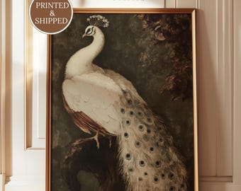 Cuadro de pavo real blanco, pájaro vintage, decoración botánica melancólica, impreso y enviado