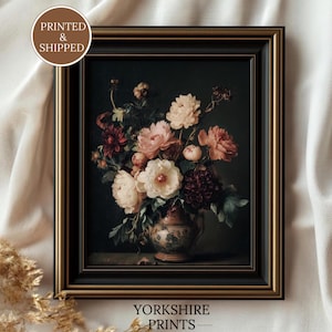 Vintage Peony & Dahlia Print, Dark Botanical Fine Art Poster, Printed and Shipped Moody Decor