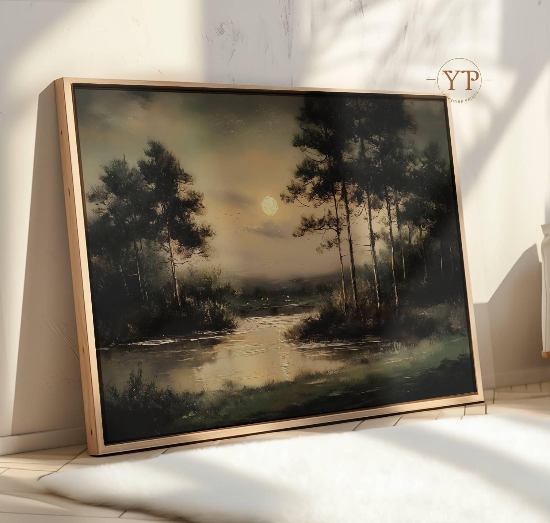Moody Moon Landscape Wall Art, Night River Painting, Dark Nature Canvas ...