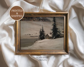 Winter Cabin by Frozen Lake Print | Vintage Snow Landscape Wall Art | Rustic Home Decor