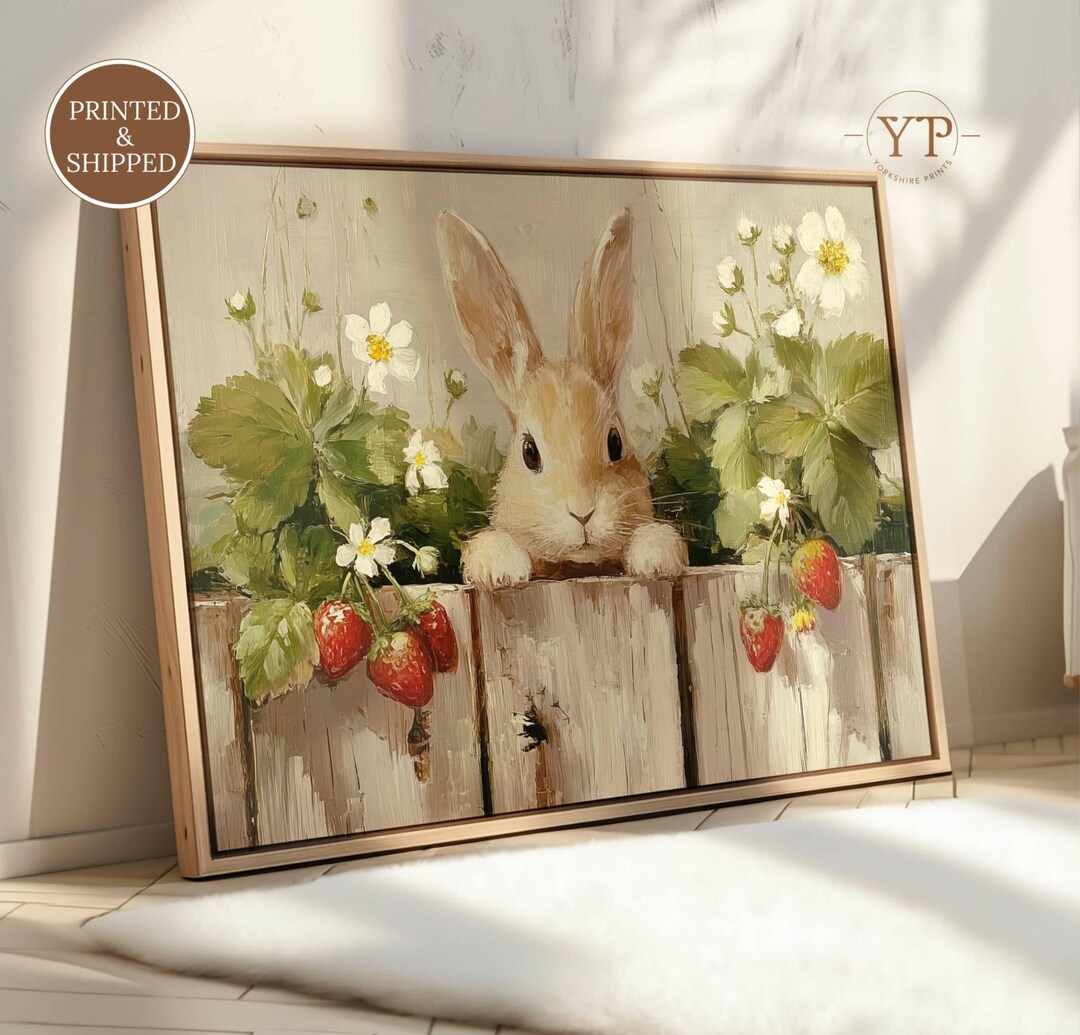 Bunny Strawberry Wall Art, Cottagecore Rabbit Print, Spring Nursery ...