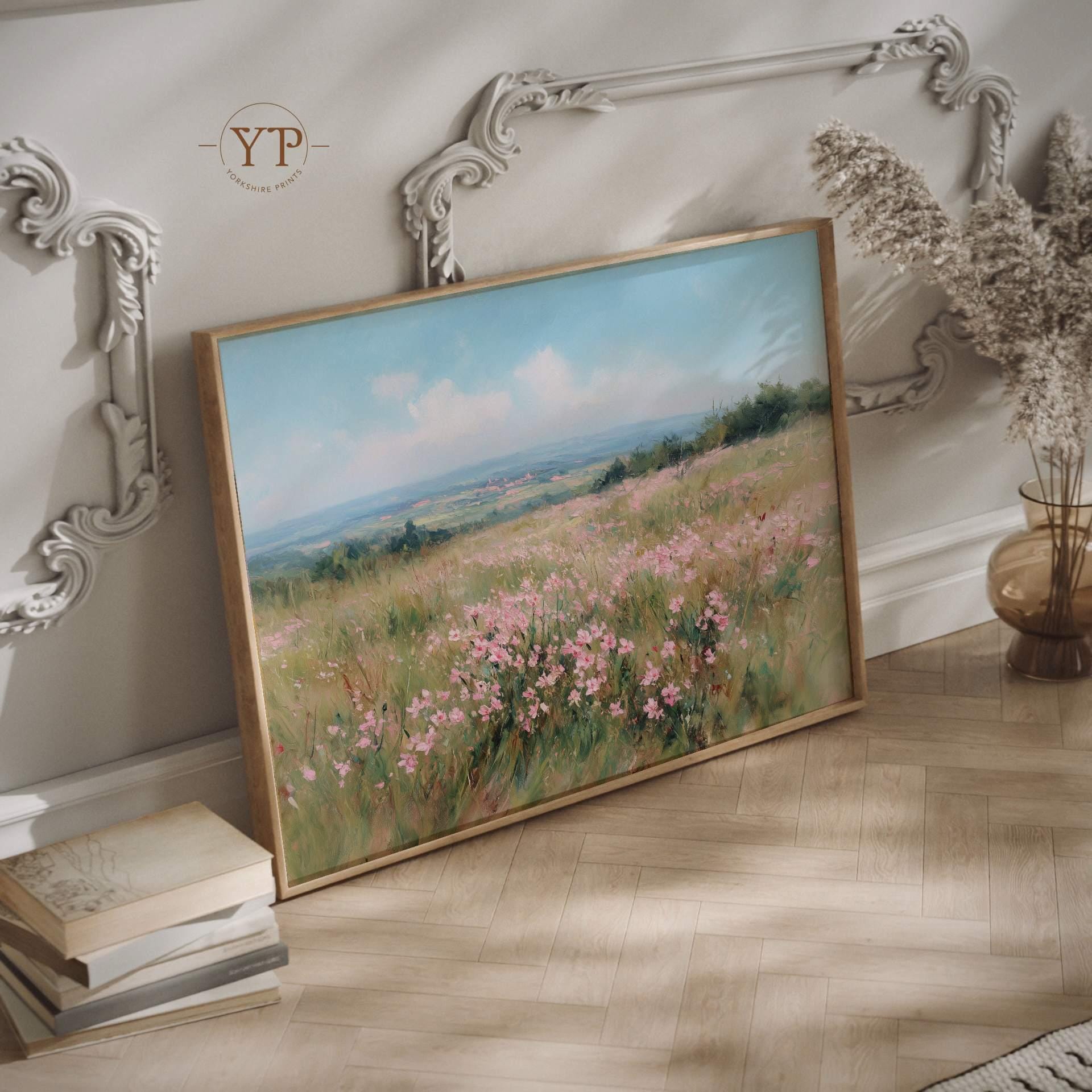 Pink Wildflower Meadow Wall Art, Floral Landscape Painting, Spring ...