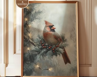 Red Cardinal Christmas Wall Art | Vintage Oil Painting Print | Holiday Home Decor