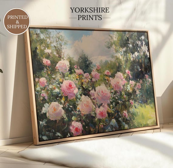 Vintage Rose Garden Art Print – Cottagecore Floral Oil Painting – Printed and Shipped