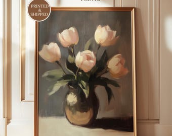 Impressão de pintura a óleo vintage de tulipa, natureza morta floral rosa suave, arte de parede de primavera