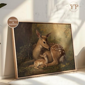 Vintage Deer and Fawn Print: Woodland Nursery Decor, Fine Art Poster, Printed and shipped