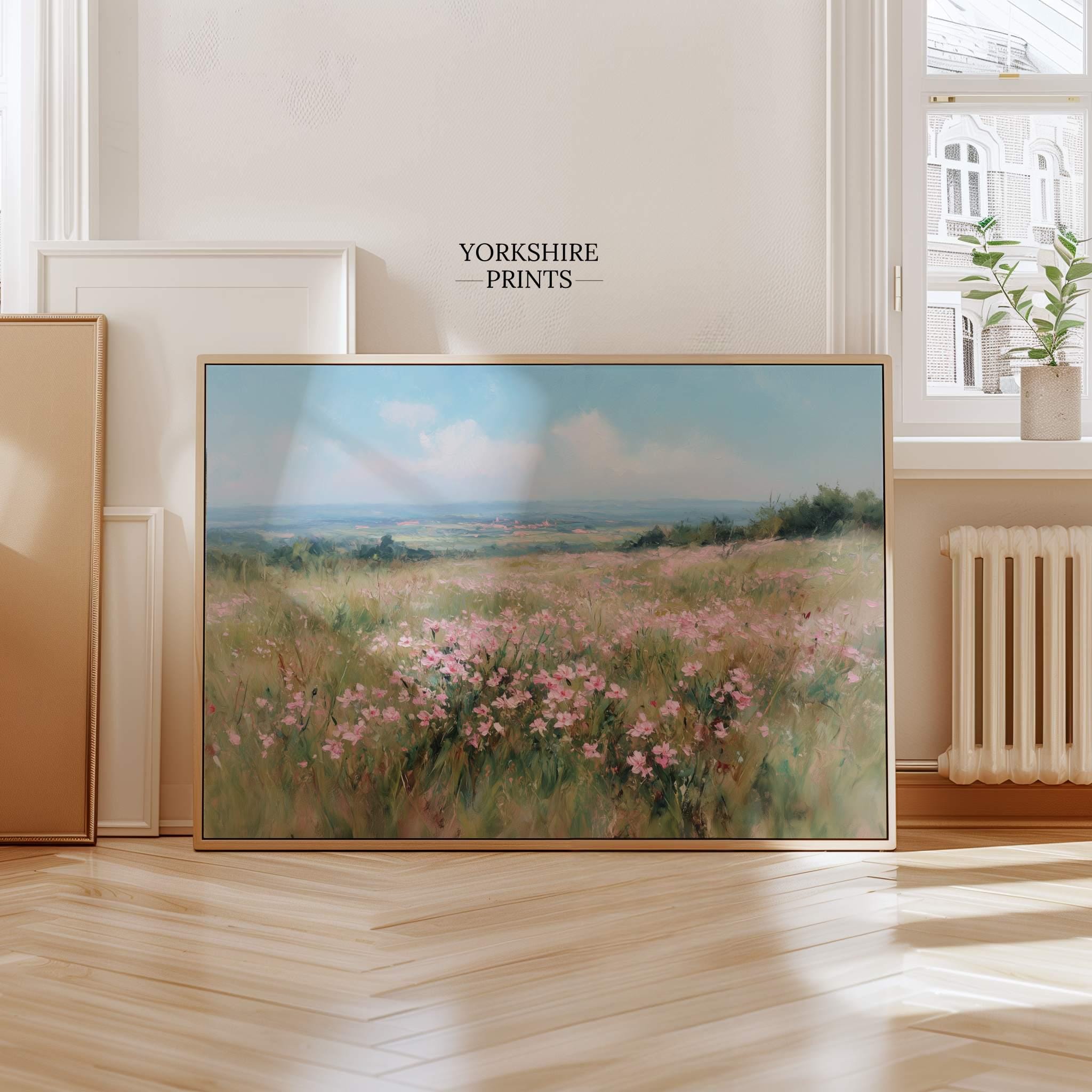 Pink Wildflower Meadow Wall Art, Floral Landscape Painting, Spring ...
