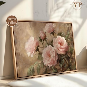 Pink Rose Oil Painting Print, Vintage Botanical Fine Art Poster, Printed and shipped