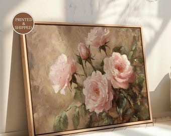Pink Rose Oil Painting Print, Vintage Botanical Fine Art Poster, Printed and shipped